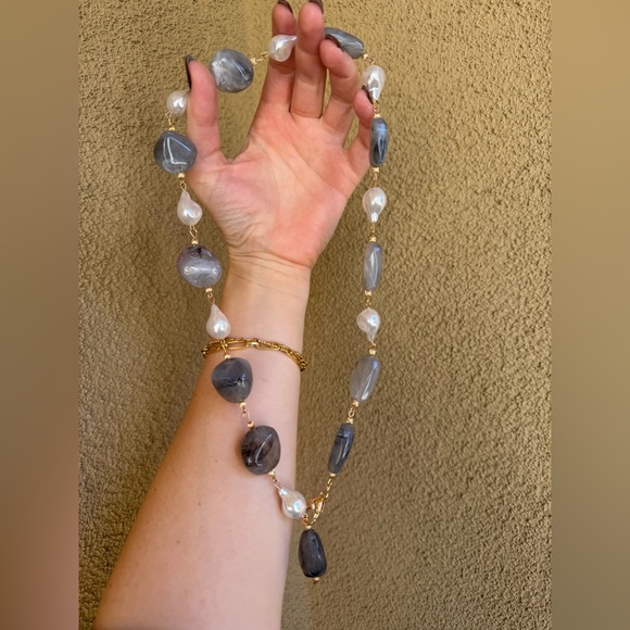 Gray Stone & Pearl Y-Drop Statement Necklace - Picture 2 of 4